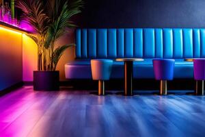 Empty lounge bar interior design with blue sofa and colorful stools photo