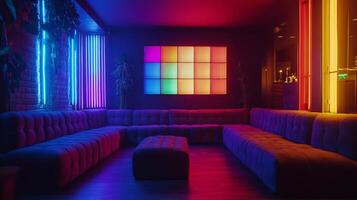 Empty lounge bar interior design with colorful neon lights and brick wall photo