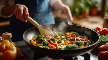 Chef cooking stir fry vegetables and meat in wok pan with steam photo