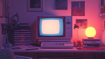 Vintage workspace setup featuring glowing computer monitor and retro technology photo