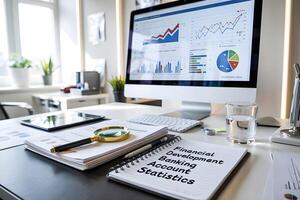 Financial statistics, banking and development with charts showing on computer screen photo