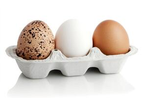 Quail, chicken and duck eggs resting on cardboard container photo