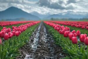 Rows of pink tulips growing in cultivated field with mountains in background photo
