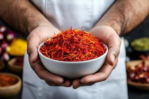 Chef holding bowl of saffron with various spices in background photo