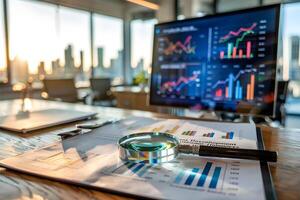 Magnifying glass analyzing financial charts on desk with computer displaying graphs in modern office at sunset photo