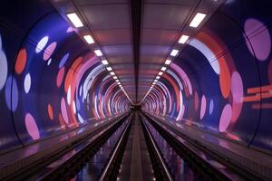 Light tunnel showing colorful bokeh effect and train tracks photo