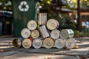Stack of empty cans ready for recycling in front of green bin photo