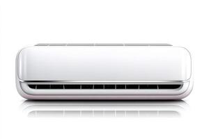 White air conditioner blowing cool air on white background photo