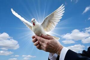 Businessman releasing white dove into cloudy sky as symbol of peace photo