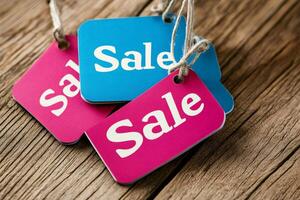 Colorful sale tags resting on rustic wooden surface photo