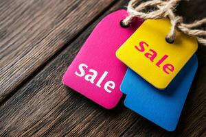 Colorful sale tags resting on rustic wooden table photo