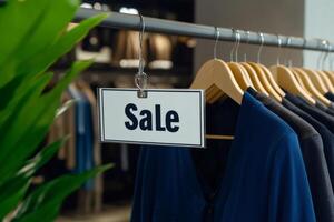 Sale sign hanging in clothing store displaying discounted merchandise photo