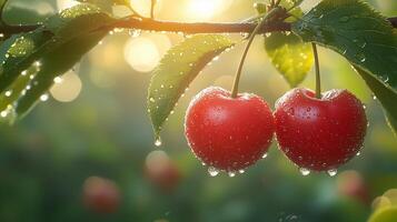 A natural background with sun rays shining on two juicy red cherries hanging from the branches. 15 photo