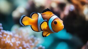 Nemo fish with bright orange color and striking black stripes, swimming in a colorful aquarium. 4 photo