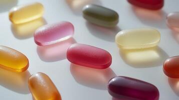 Gummy vitamins, multivitamin gels in various colors and sizes on white background. 14 photo