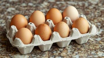 Fresh eggs in an egg carton on kitchen counter with natural light. 4 photo
