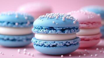 Set of blue and white macarons on a pastel background. 13 photo