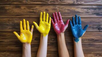 Hands with different colors of paint on them, on a wooden background. 4 photo