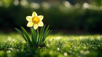 A single yellow daffodil is growing in the grass photo