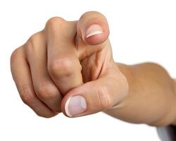 A hand points directly at the viewer, a gesture of focus and direct engagement against a clean white background. photo