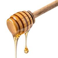 Golden honey dripping from a rustic wooden honey dipper, a sweet and viscous delight against a pristine white background. photo