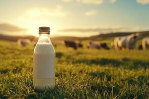 Glass bottle filled with milk stands on field with grazing cows in background photo