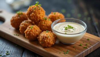 A wooden board displaying fried balls with parsley and a bowl of creamy sauce on a dark surface photo