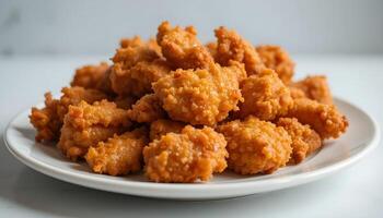 A plate filled with crispy golden brown fried chicken pieces on a white surface background view photo