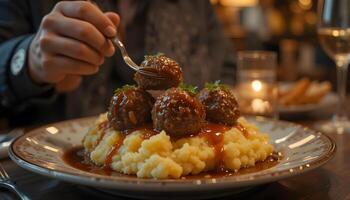 A person eating meatballs with mashed potatoes and gravy in a restaurant setting with wine glass photo