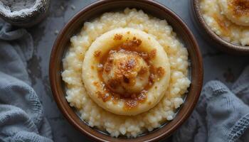 Close up shot of rice pudding with a dumpling and caramel sauce in a brown ceramic bowl view from above photo
