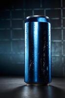 Shiny blue soda can with water droplets against a dark, textured background illuminated by soft light photo