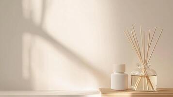 Elegant interior decor with reed diffuser and minimalist design in warm light setting photo