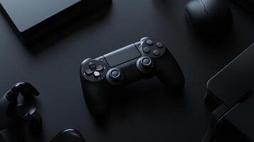 Gaming setup featuring a black controller, console, and accessories in a dimly lit environment photo