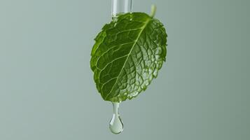 Fresh mint leaf suspended over a test tube with a drop of water in a laboratory setting photo