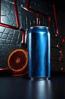 Bright blue beverage can with a sliced blood orange on a textured background during a creative food styling session photo