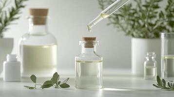 Glass bottles with essential oils and a dropper in a serene, natural setting photo