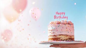 Birthday cake adorned with colorful sprinkles and a cheerful message in bright outdoor setting during a joyful celebration photo