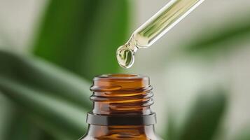 Close-up of a dropper extracting liquid from a brown bottle against a green background in a well-lit setting photo