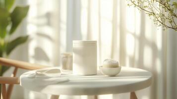 Natural light illuminates a serene setting with a white container on a minimalist table surrounded by greenery and textures photo