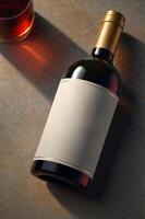Elegant wine bottle with blank label placed on a textured surface accompanied by a glass of red wine in warm lighting photo