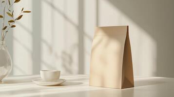 Simple brown paper bag placed on a light-filled table next to a white cup and saucer in a bright setting photo