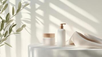 Elegant display of skincare products on a white table with soothing natural light and subtle shadows photo