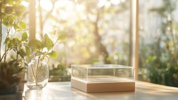 Sunlight filters through a window onto a glass display case surrounded by greenery in a serene indoor setting photo