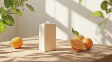 Fresh oranges and a minimalist box on a wooden table under soft sunlight photo