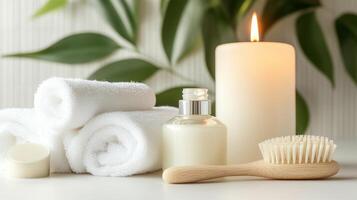 Relaxing spa setup with towels, candle, and essential oils for a calming experience photo