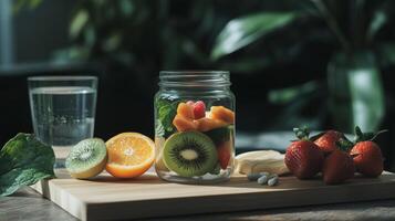 Fresh fruit jar surrounded by water and strawberries on wooden cutting board in natural light photo