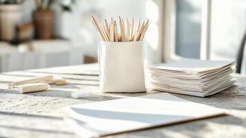Workspace with pencils and paper stacked in bright natural light during the day photo