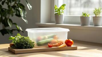 Fresh vegetables and fruits stored neatly in a plastic container on a kitchen counter in natural light photo