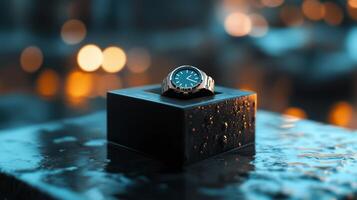 Elegant watch resting on a wet surface with blurred city lights in the background during evening photo