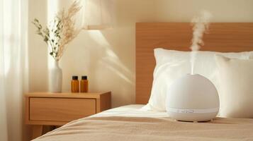 Relaxing bedroom with essential oil diffuser creating a serene atmosphere during afternoon sunlight photo
